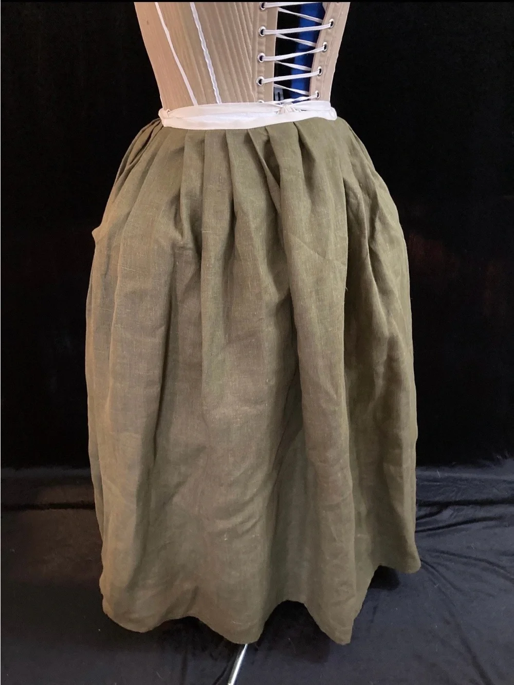 Women’s Olive Green Gathered 100% Linen Skirt